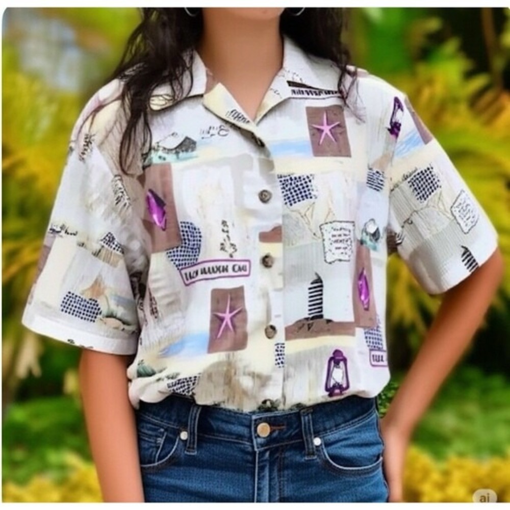Allison Daley Petites Coastal Nautical‎ Lighthouse Print Button Down Shirt 10P